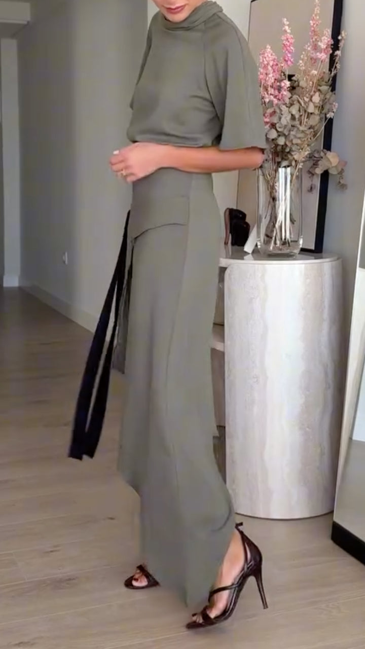 High Neck Short Sleeve Wrap Waist Dress