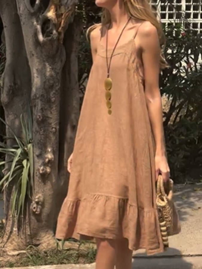 Women'S Casual Solid Color Ruffle Hem Suspender Cotton And Linen Dress