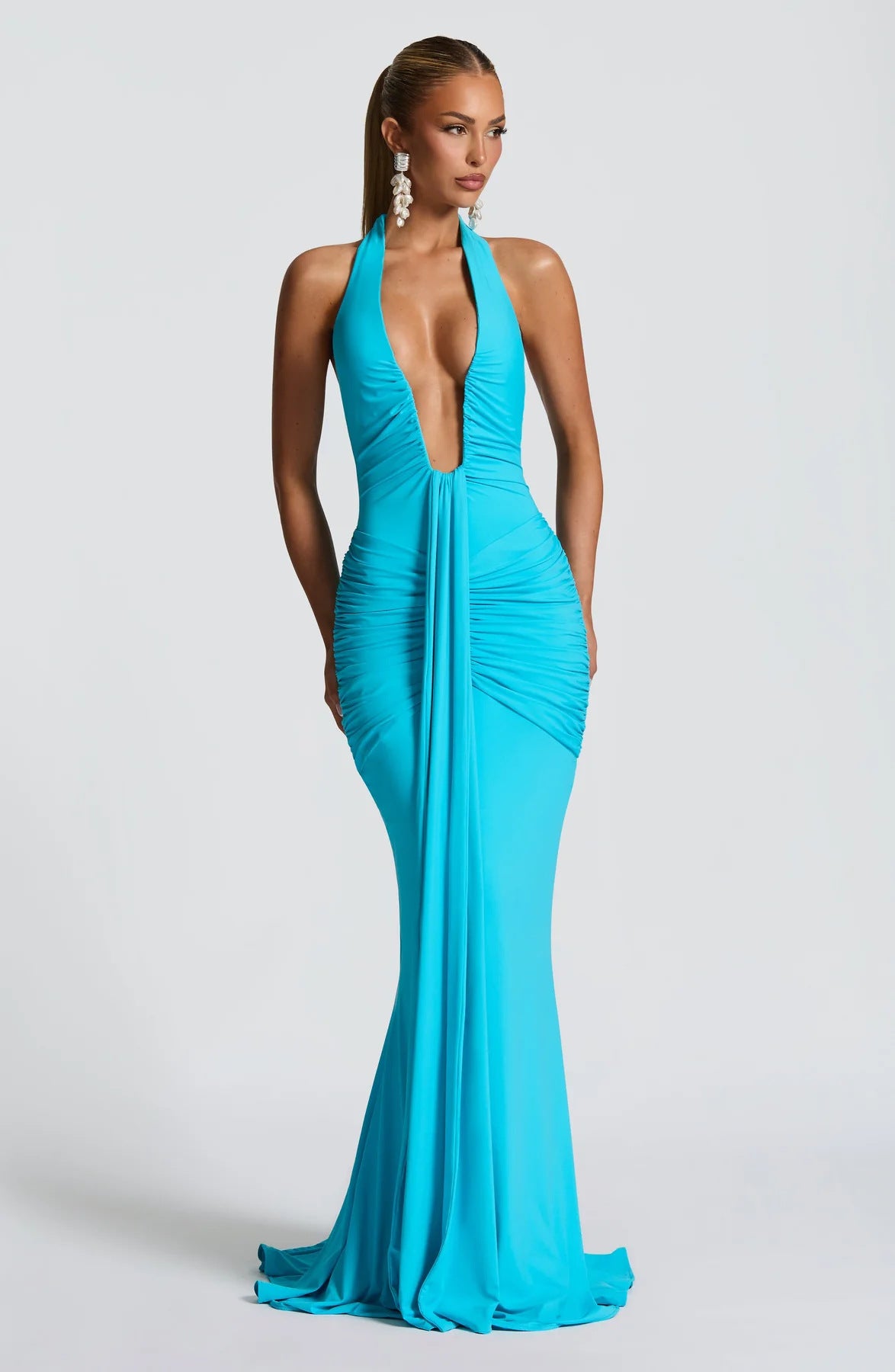 Solid Color Halterneck V-neck Open Back Tie Gathered Maxi Dress