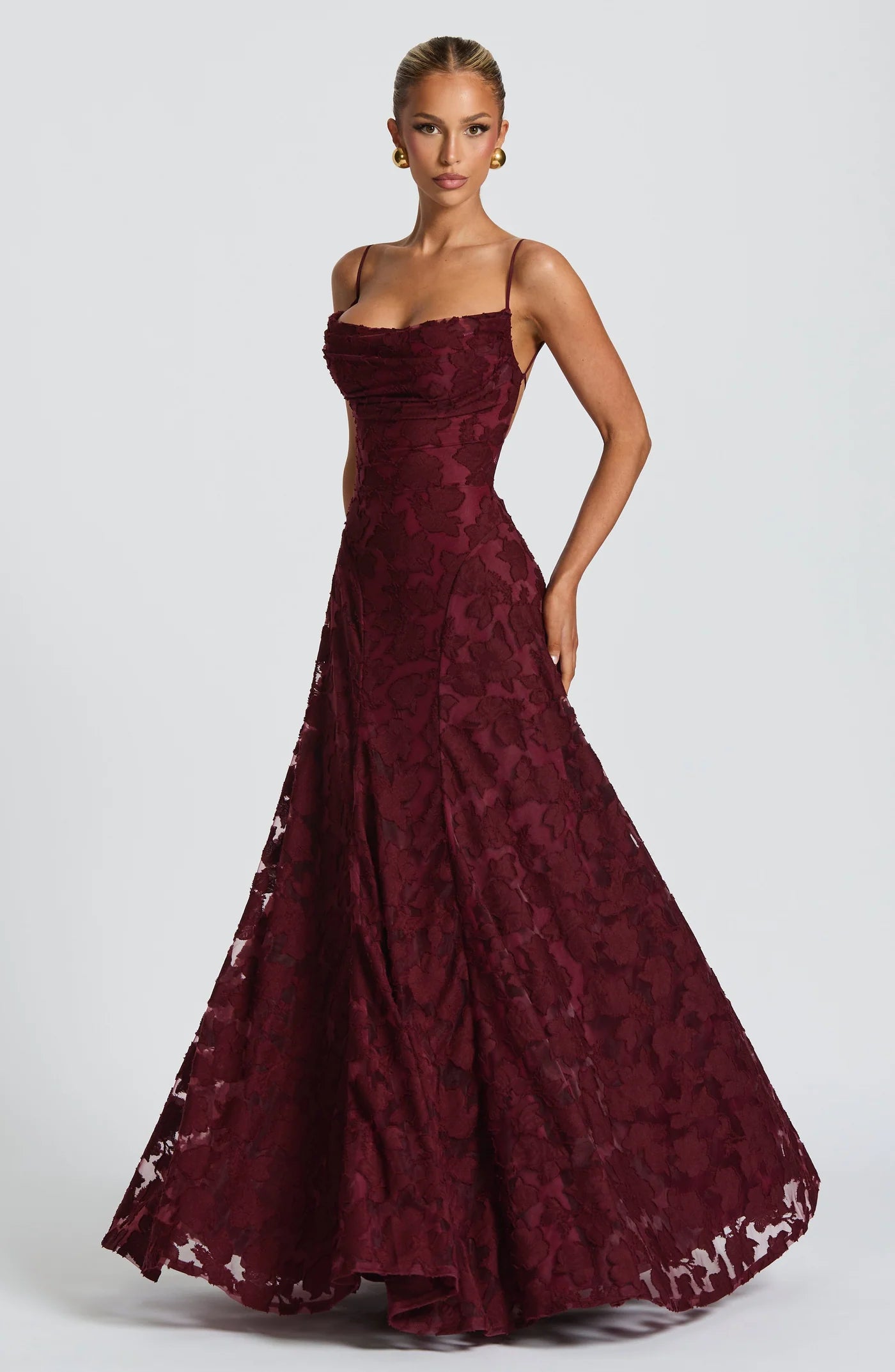 The Blooming Grace Gown – Burgundy Floral Lace Evening Dress