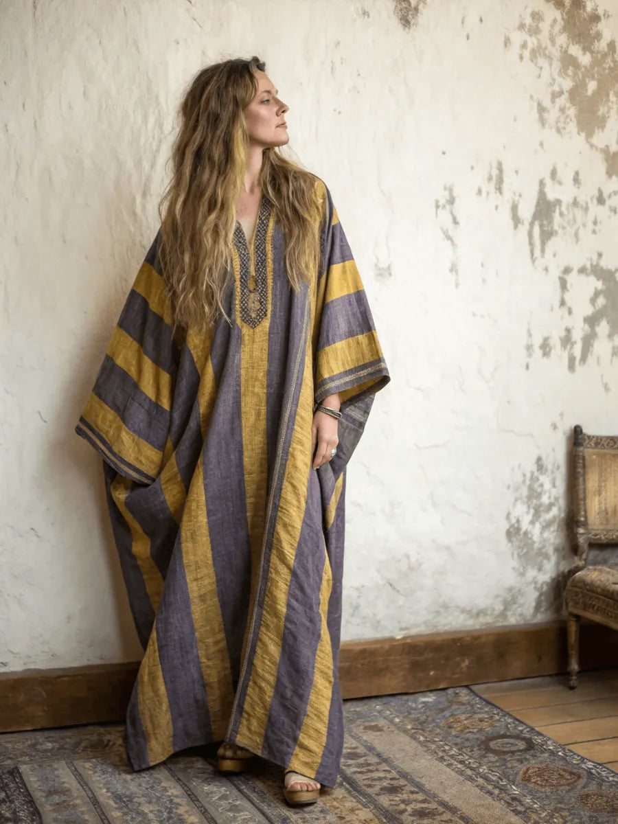 Linen Printed Kaftan Maxi Dress