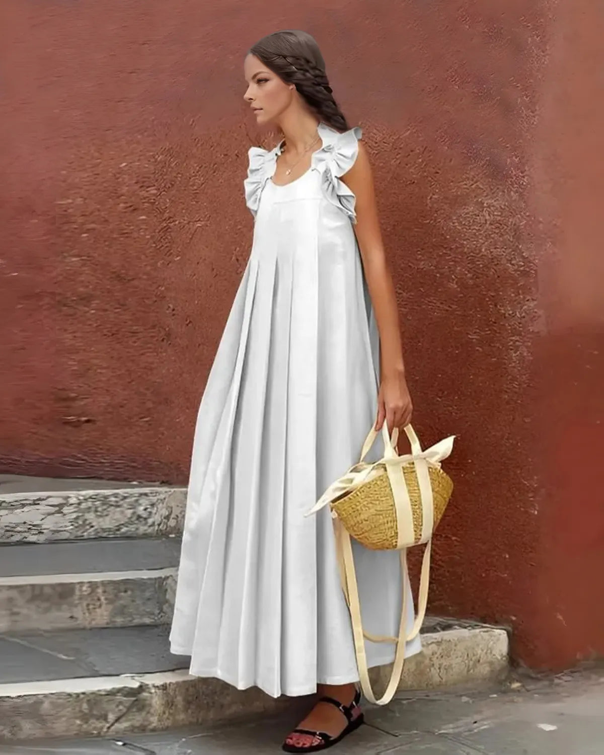 Casual Fashion Solid Color Ruffle Hem Midi Dress