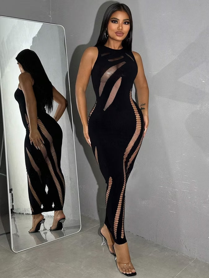 Sleeveless Sheer Cutout Bodycon Dress – Sexy Mesh Hollow-Out Mini Dress