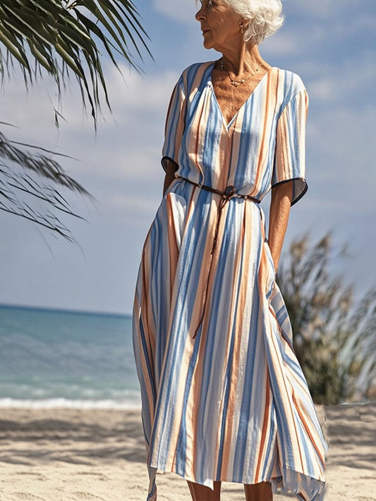 Women'S V-Neck Half Sleeve Striped Printed Cotton And Linen Dress