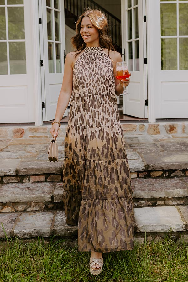 Gradient Leopard Print Halter Neck Tiered Maxi Dress