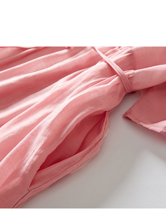 Double Layered Lace Up Waist Up Cotton Linen Middle Sleeve Dress
