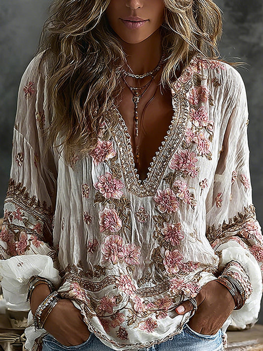 Women's Vintage Floral Embroidered Art Print Flowy Linen Blend Casual Tops