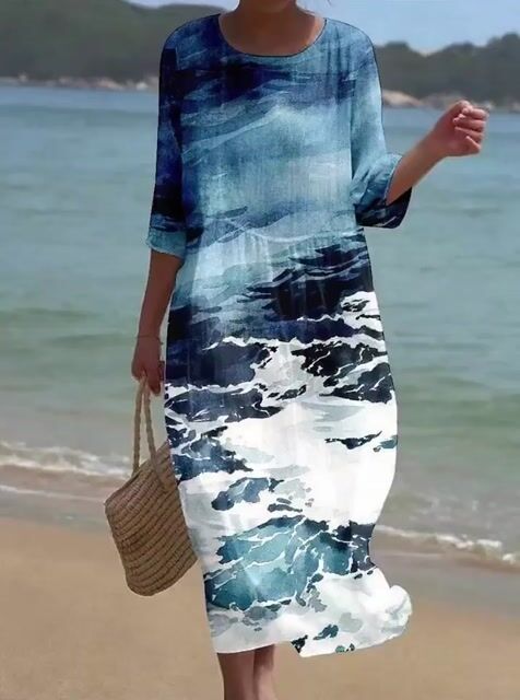 Women's Casual  Round Neck Mid Sleeve Print Cotton and Linen Dress