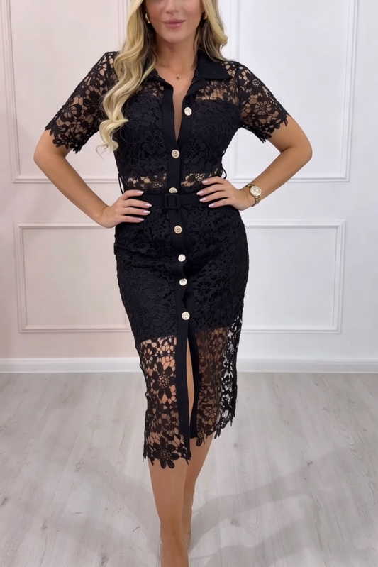 Lace Shirt Style Belted Waist Midi Dress