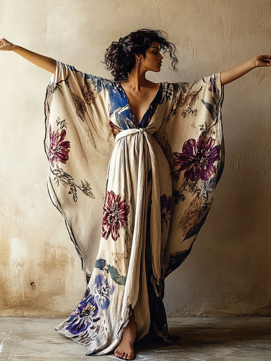 Women's Autumn Flowers Kimono Linen Robe (Including Belt)