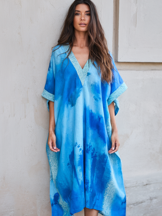 Contton & Linen  Long Sleeve  Kaftan Maxi Dress
