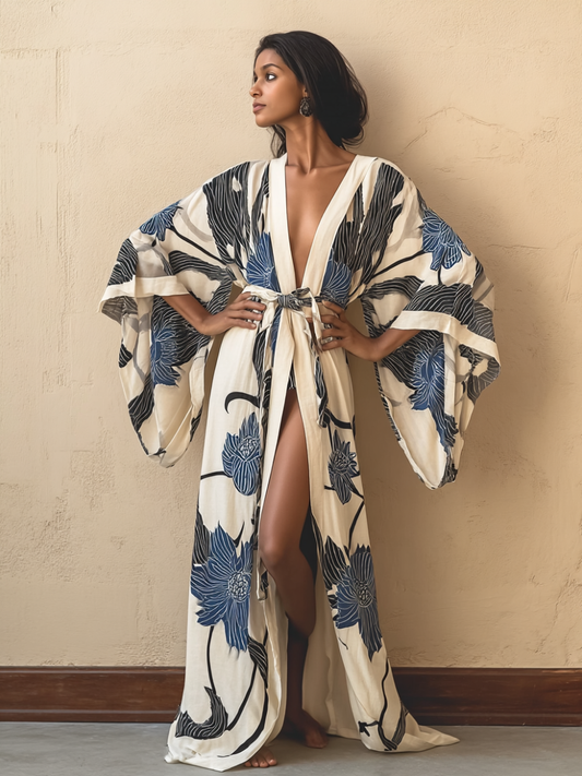 Women's Blue Floral Kimono Linen Robe (Including Belt)