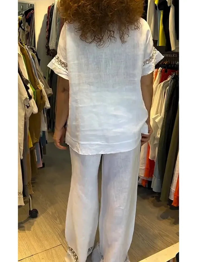 Women's casual round neck lace patchwork short sleeve shirt suit