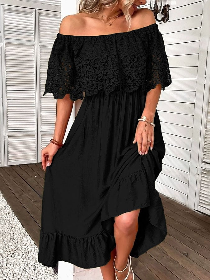 Women'S Casual Solid Color Splicing Lace Ruffle Dress
