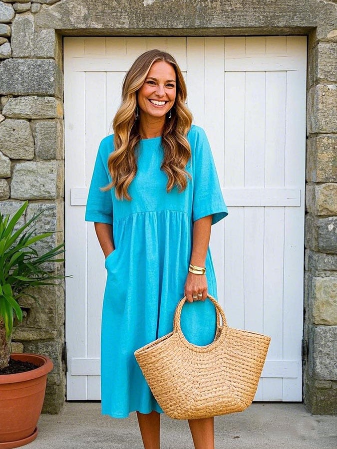 Women's Casual Solid Color Pocket Short Sleeve Dress