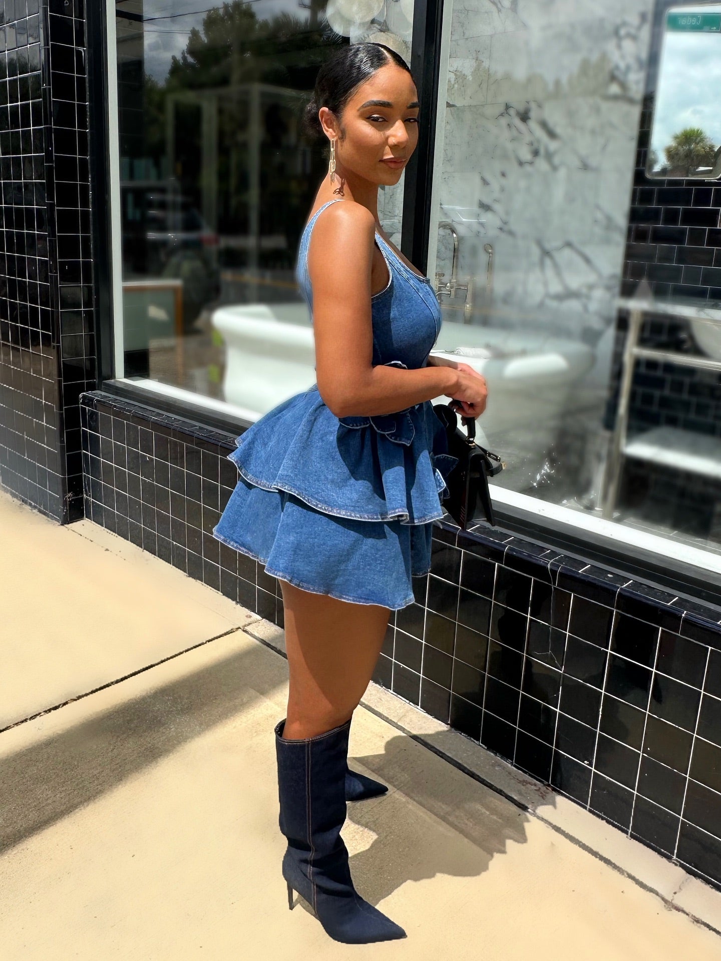 3D Floral Applique Tiered Denim Romper Dress