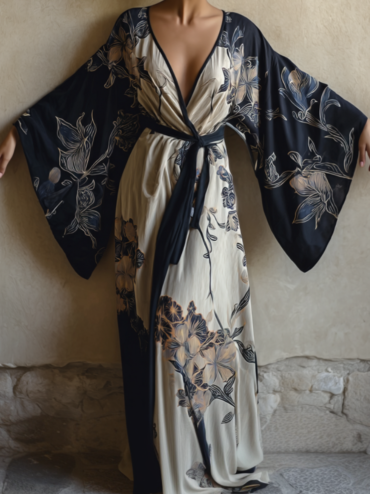 Women's Hibiscus Kimono Linen Robe (Including Belt)