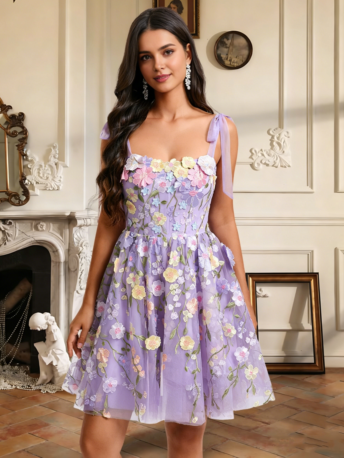 Floral Embroidered Tulle Homecoming Dress with Bow Straps