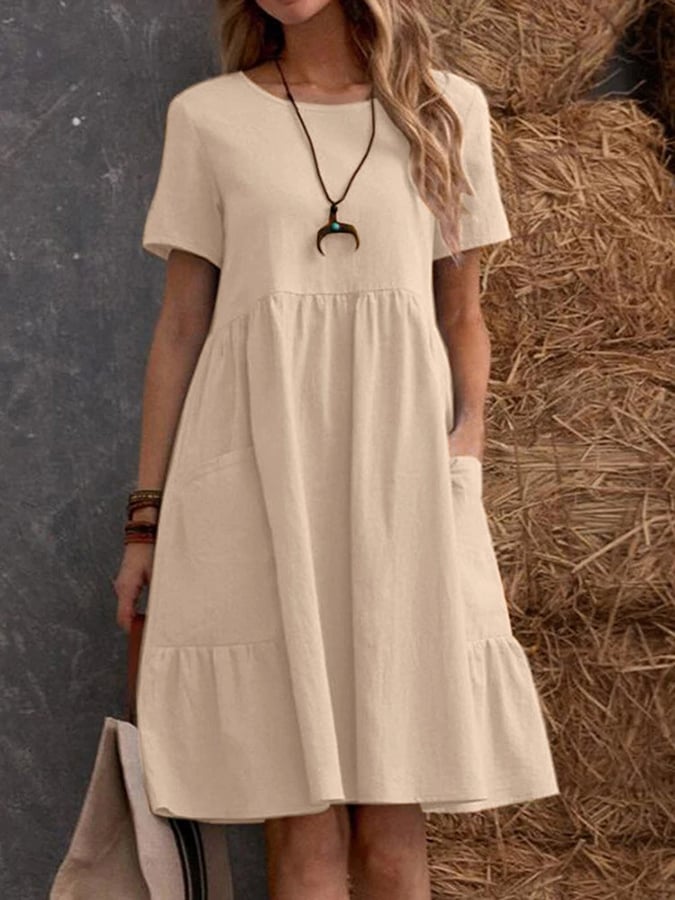 Solid Color Short Sleeved Loose Pocket Cotton Linen Dress