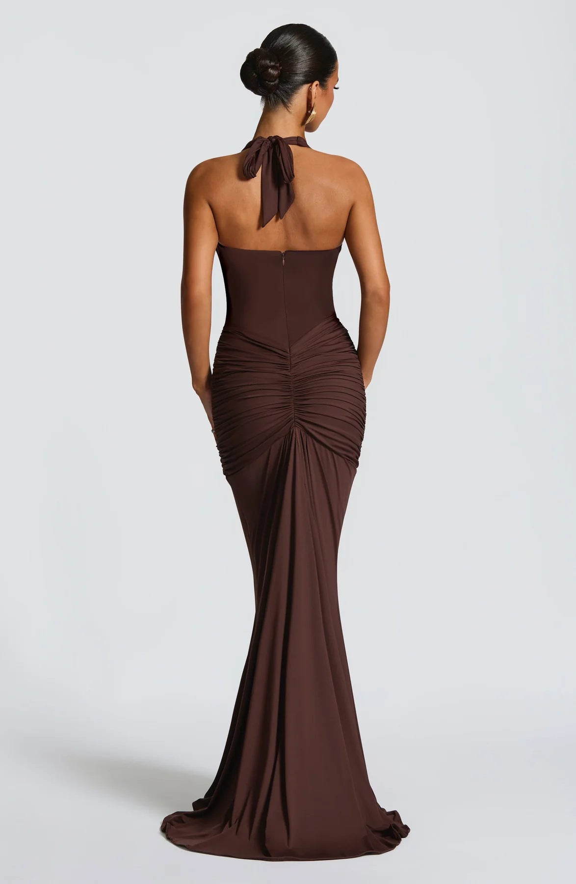Solid Color Halterneck V-neck Open Back Tie Gathered Maxi Dress