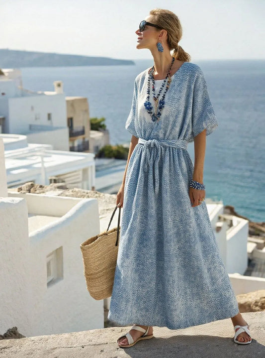 Women's Holiday Gradient Floral Round Neck Mid Sleeve Cotton and Linen Dress