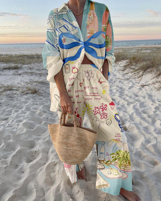 Cute Bow Print Shirt & Pants Two-Piece Set