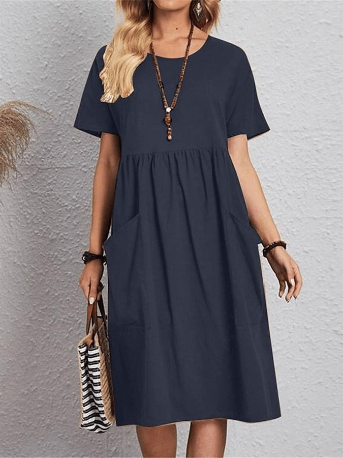 Women's Cotton And Linen Round Neck Short Sleeve Pocket Pleated Loose Dress