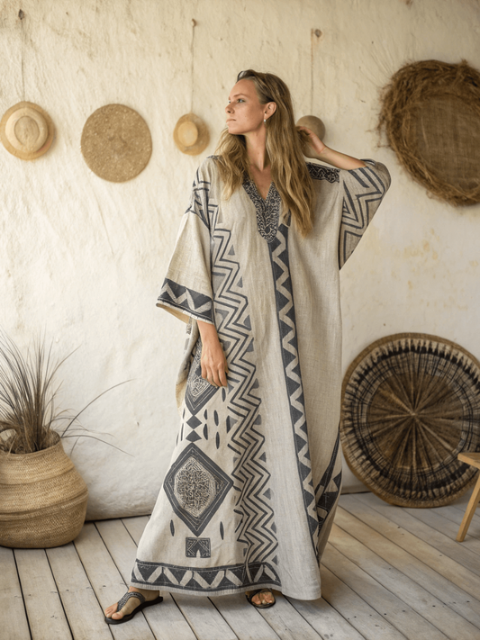 Linen Printed Kaftan Maxi Dress