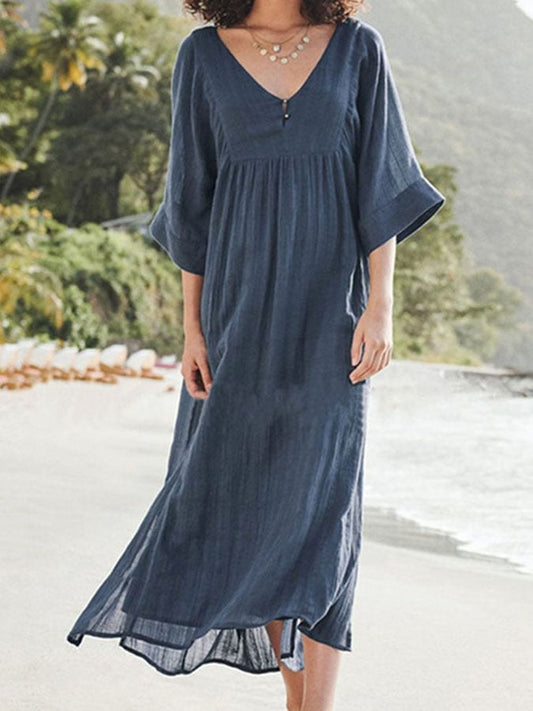 Women's Casual Solid Color V-Neck Three-quarter Sleeve Dress