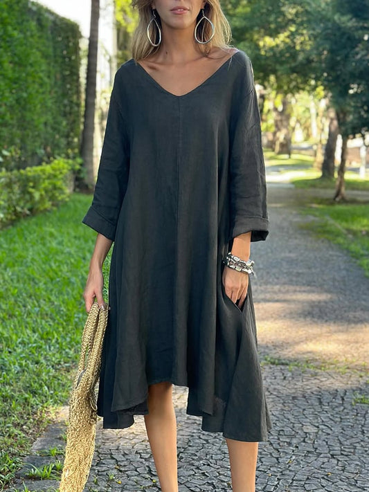 Women's Casual Solid Color V-Neck Cotton and Linen Dress