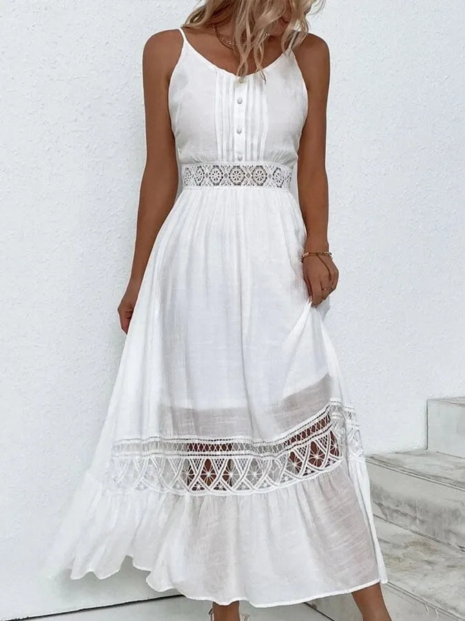 Women's Casual Solid Color Suspender Lace Pleated Dress
