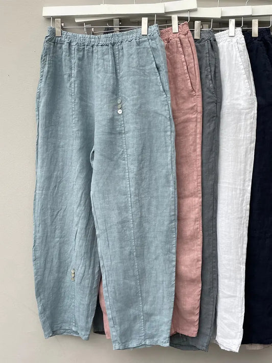 Pure Color Linen Blend Button Trousers