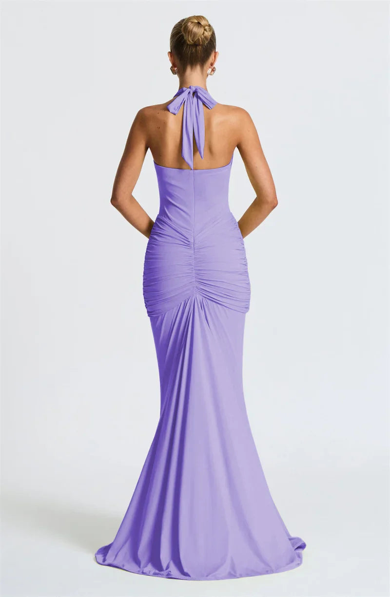 Solid Color Halterneck V-neck Open Back Tie Gathered Maxi Dress