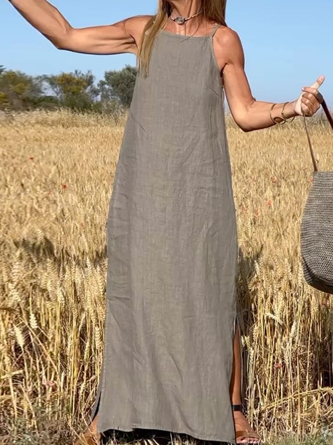Women'S Casual Strappy Cotton And Linen Maxi Dress