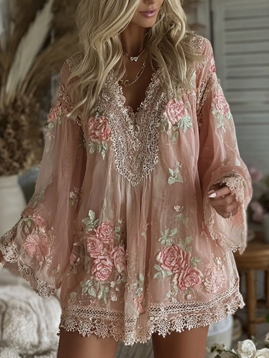 Women's Vintage Pink Floral Art V-neck Mini Dress