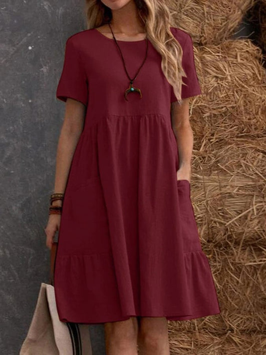 Solid Color Short Sleeved Loose Pocket Cotton Linen Dress