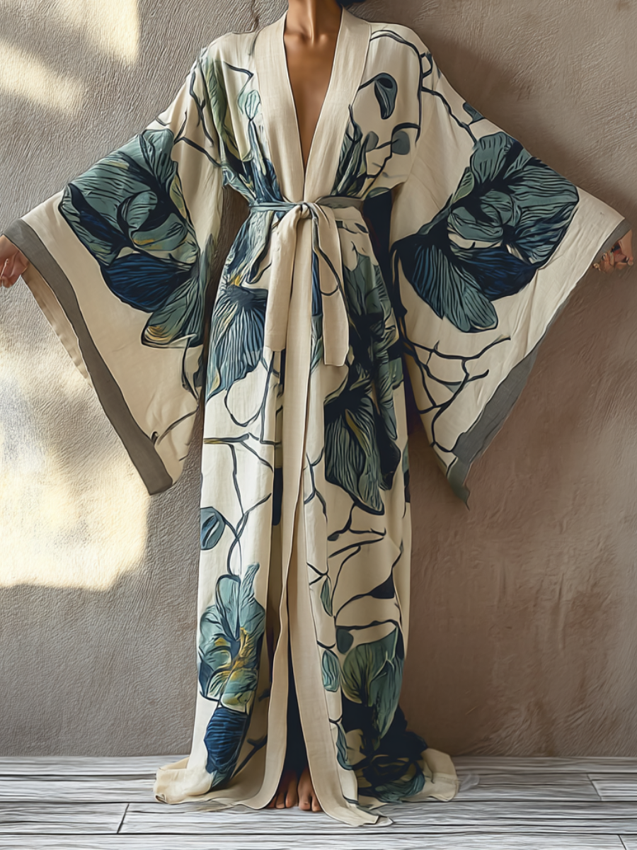 Women's Green Floral Kimono Linen Robe (Including Belt)