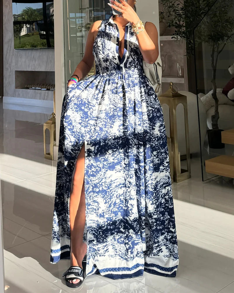 Vintage Ink Print Turn-down Collar Sleeveless Button Front Maxi Dress Casual Zipper Back Tie Waist Side High Slit Vacation Dress with Belt