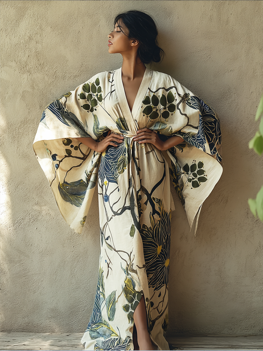 Women's Blue Floral Kimono Linen Robe (Including Belt)