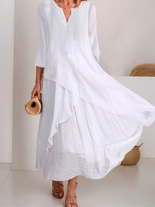 Women'S Casual Solid Color V-Neck Mid Sleeve Splicing Dress