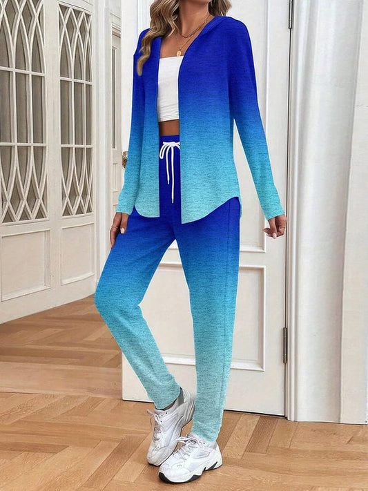Women's Casual Gradient Pattern Printed Cardigan Pants Two-Piece Set