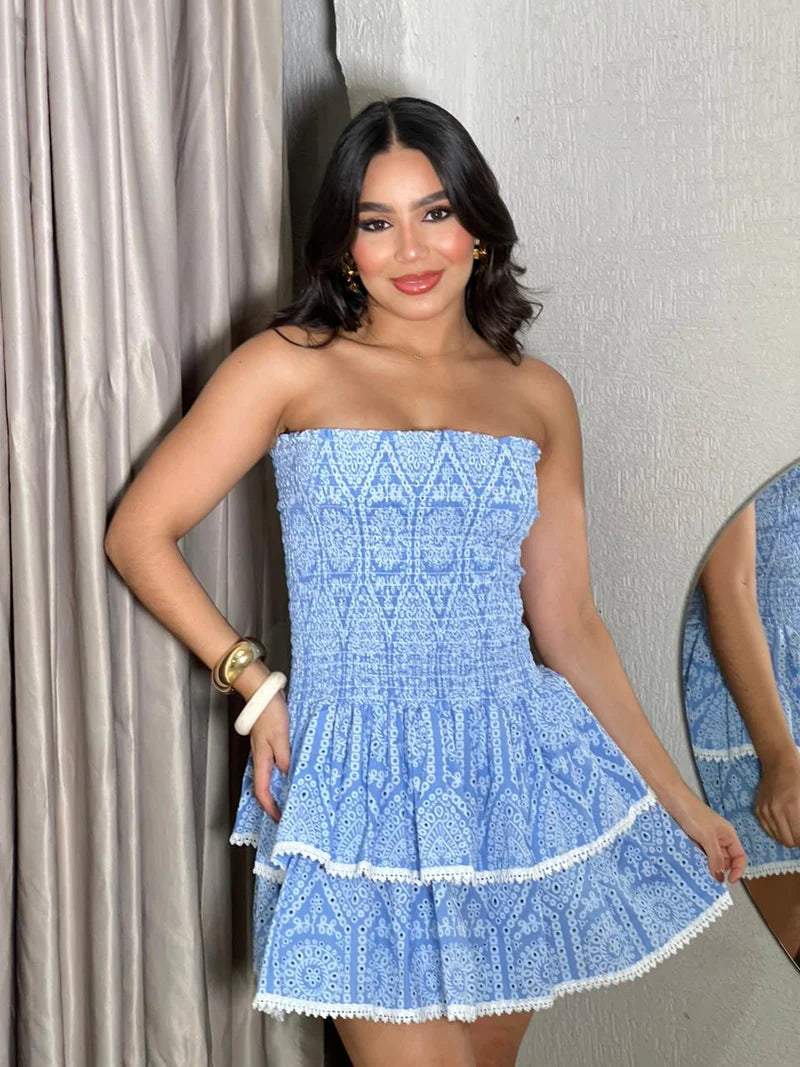 Blue White Paisley Strapless Tiered Mini Dress