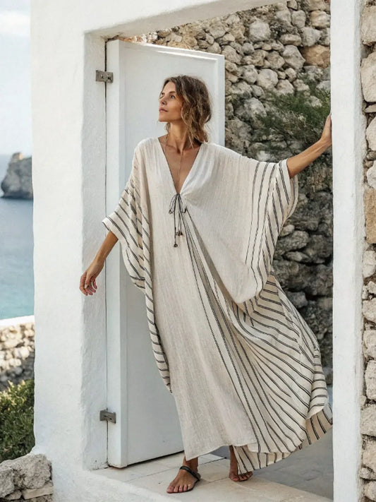 Contton & Linen Long Sleeve Kaftan Maxi Dress