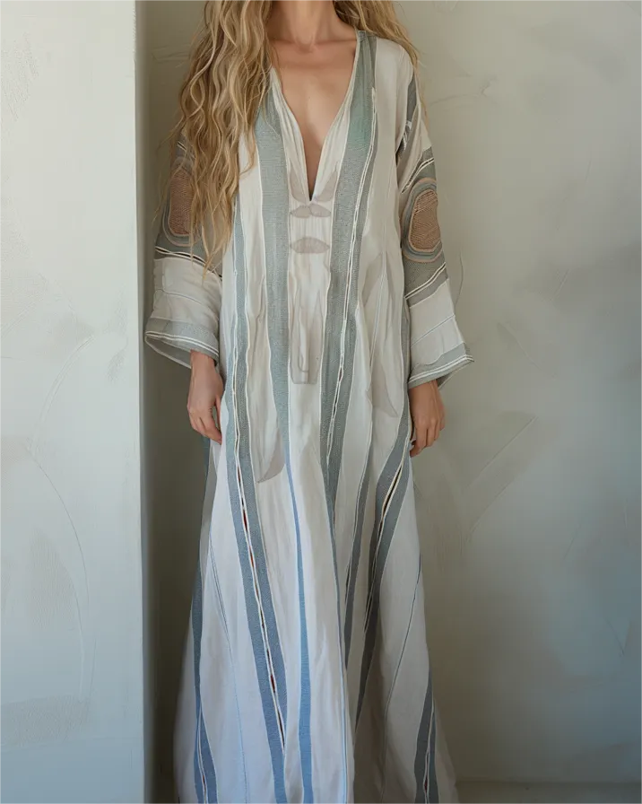 Contton & Linen  Long Sleeve  Kaftan Maxi Dress
