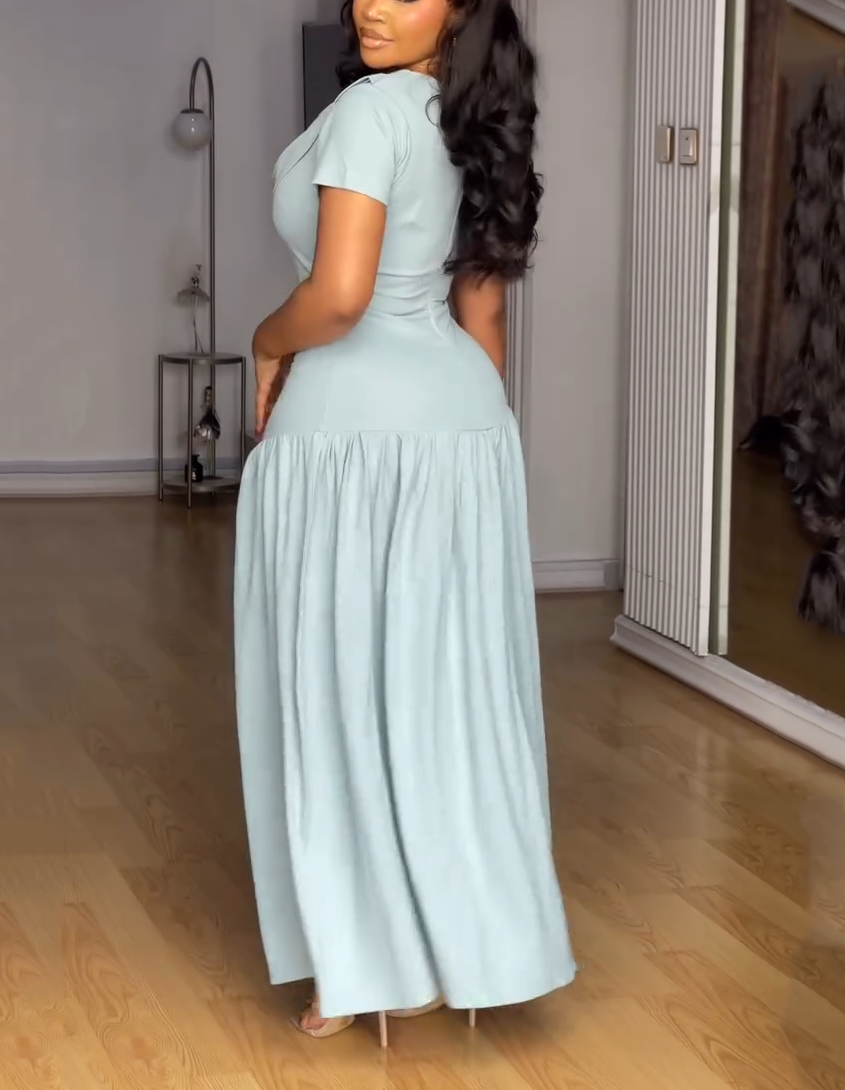 Cowl Neck Button Detail Gathered Maxi Dress