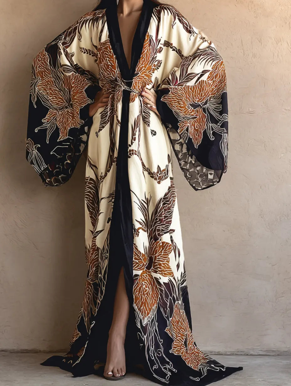 Women's Black Morning Bloom Kimono Linen Robe