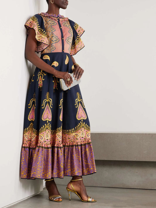 Ruched Tiered Paisley-Print Cotton-Muslin Midi Dress