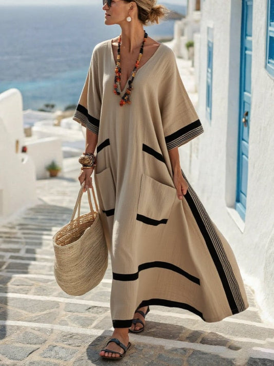 Women's Casual V-Neck Contrast Stripe Resort Dress