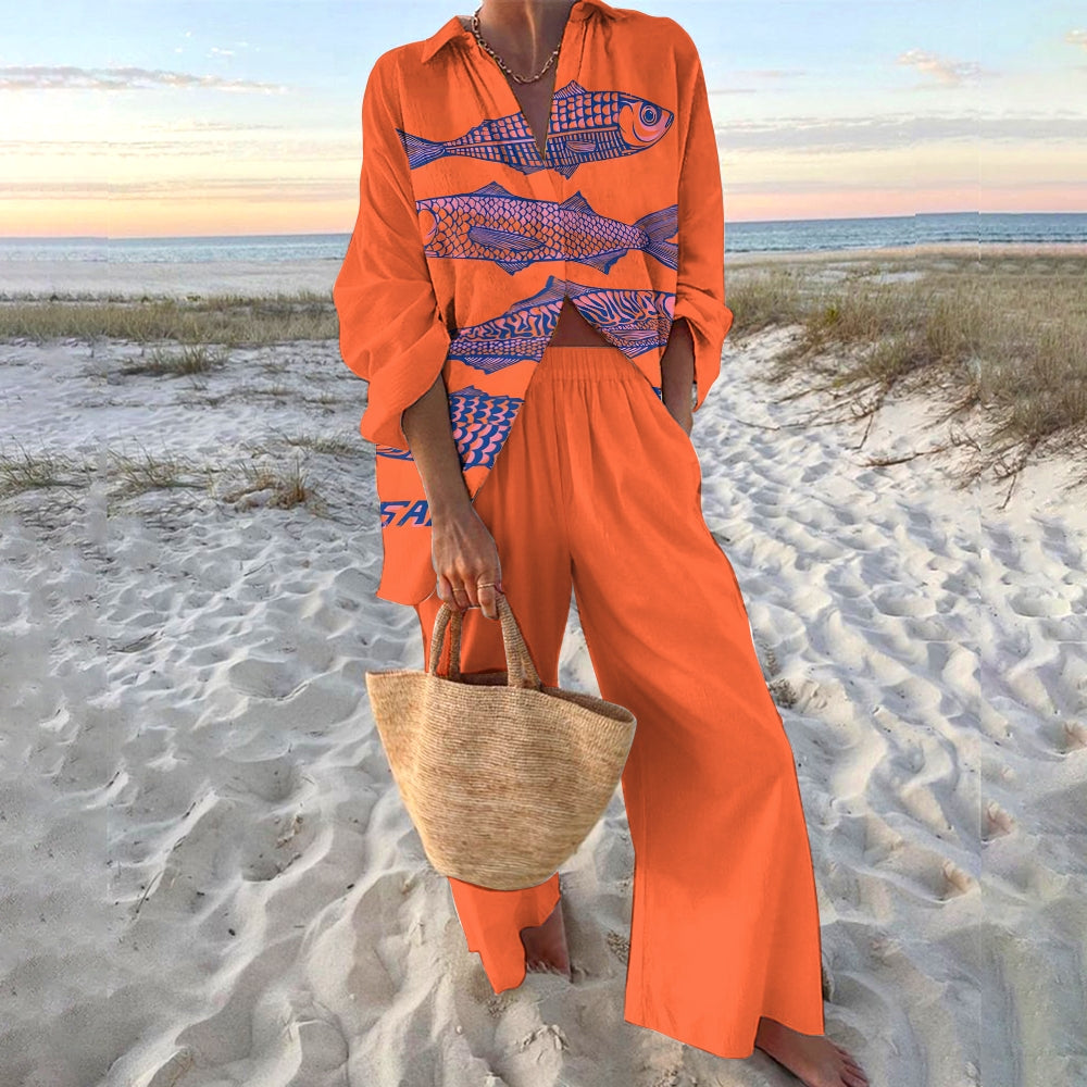 Women's Sardines Printed Shirt & Pants Two-piece Set