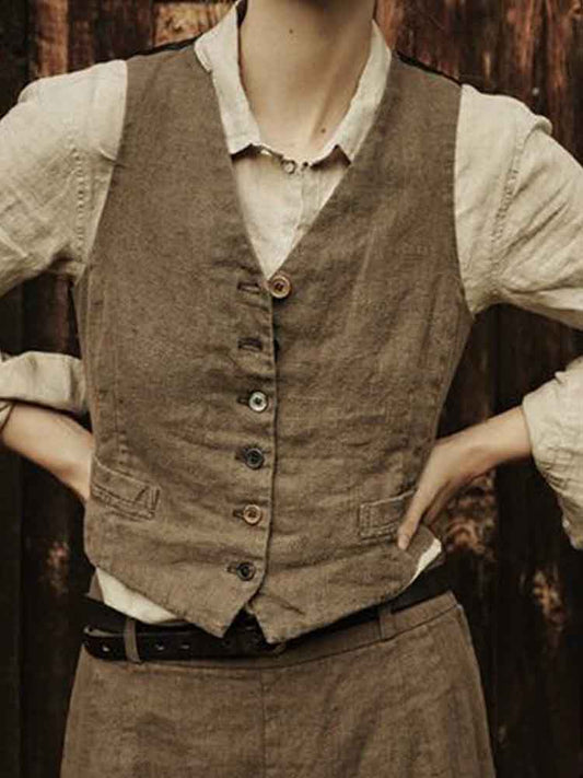 Women's Vintage Solid Color Linen Blend Vest